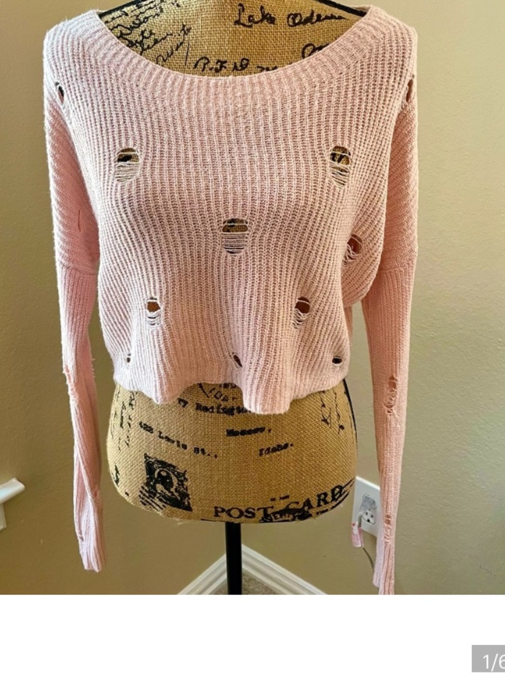 Express Distressed Cropped Knit Sweater - Pink Like New